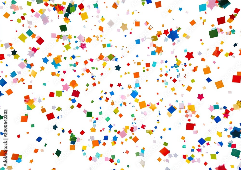 Fototapeta premium Floating colorful confetti of various shapes, mostly square and star, on a clean white background