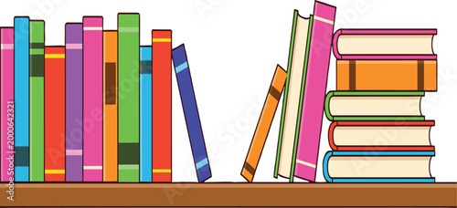 Colorful Bookshelf Vector Illustration with Standing and Stacked Books on Wooden Shelf Isolated on White Background for Education Reading and Library Design.