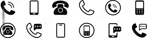 Set of phone icons including rotary dial mobile and smart phones symbol.