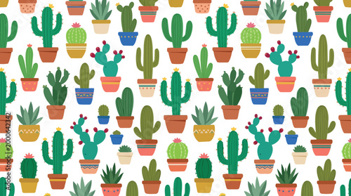 Colorful potted cacti pattern with varied shaped succulents vector art