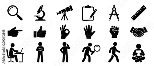 Business Icon Set Collection, Human Activities and Office Symbols, Vector Pictograms for Web Design, Apps, User Interface, Science Tools, Communication Gestures and Professional Work Productivity Elem