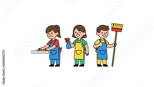 Children Cleaning and Doing Chores Vector Illustration