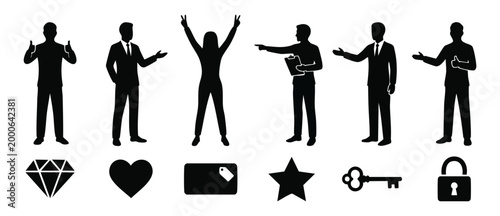 Business People Silhouettes Collection Set with Icons for Marketing, Presentation, and Corporate Communication Strategy. Isolated Black Human Figures Featuring Thumbs Up, Pointing, Greeting, and Succe