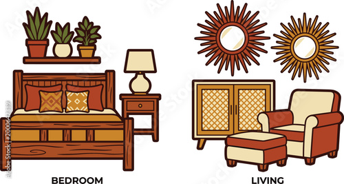 Home Interior Furniture Vector Set with Bedroom and Living Room Elements including Bed, Armchair, Cabinet, Lamp and Decorative Decor for Cozy House Design