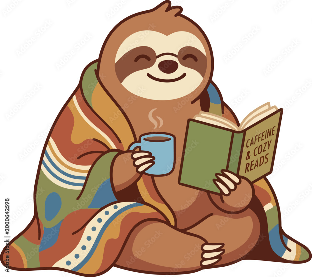 Fototapeta premium Cozy sloth wrapped in colorful blanket holding coffee and book caffeine and cozy reads