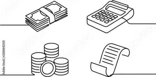 Finance icons set showing money and accounting tools in simple linear vector illustration style design