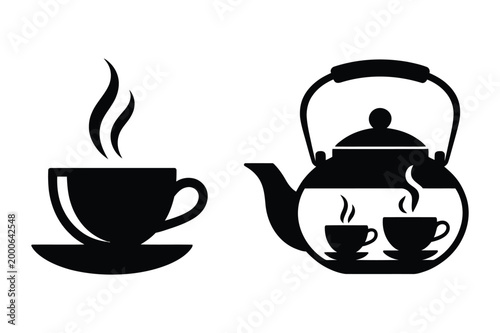 Hot tea serving with steaming cup and kettle with cups beverage container