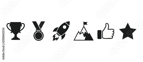 Achievement icons set with trophy, medal, rocket, mountain, thumb up, and star symbol. Business success and goal setting collection, isolated black flat vector graphics for design, UI, and presentatio