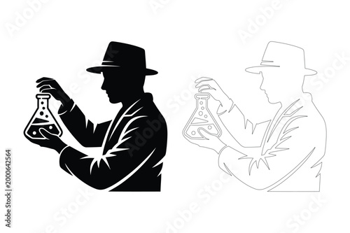 Scientist holding flask with liquid in silhouette and outline, scientist