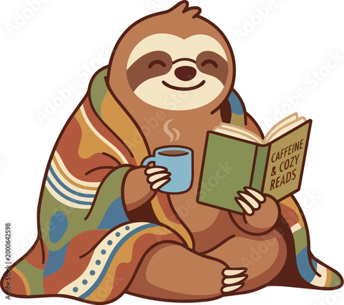 Cozy sloth wrapped in colorful blanket holding coffee and book caffeine and cozy reads