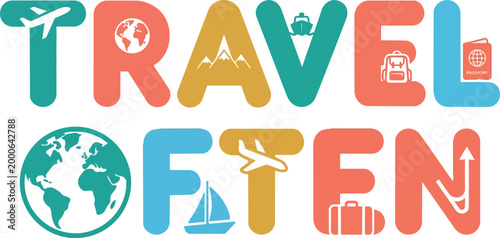 Colorful travel often lettering with airplane globe suitcase and passport icons