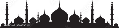 Islamic architecture mosque skyline silhouette with domes and minarets vector illustration for eid mubarak