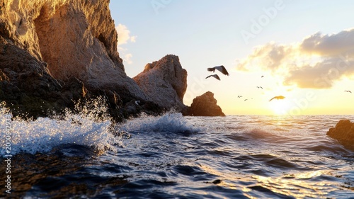 Cinematic ocean cliff at golden hour with dramatic waves and seagulls in warm amber light