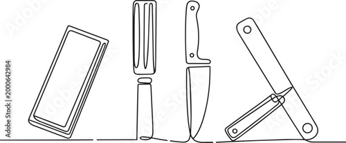 Kitchen knife sharpening tools with items including whetstone and steel minimalist continuous line vector