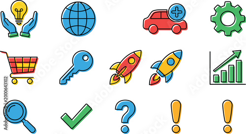Business and Technology Icon Set Vector Collection with Rocket, Growth Chart, Shopping Cart, Key, Gear and Modern UI Symbols for App and Web Design