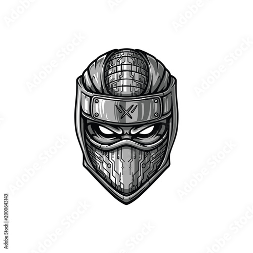 Cybernetic Ninja Cyborg Head Mascot - Futuristic Robot Assassin Vector Illustration with Circuit Board Details and Gaming Logo Style