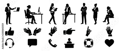 Business people silhouettes and office icons set, professional characters with hand gestures, communication symbols and support elements for corporate design projects, vector black isolated graphics c