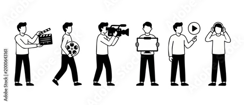 Film Production Crew Icon Set, Video Editing and Content Creation Process, Minimalist Line Art Characters Holding Media Equipment and Cameras for Marketing, Social Media and Entertainment Industry Gra