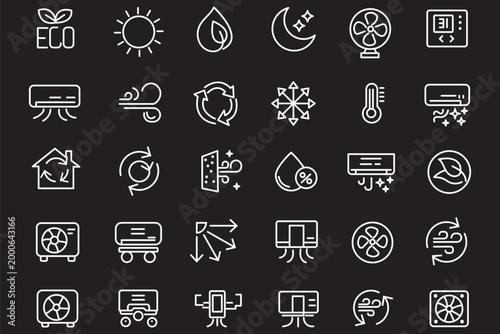 hvac air conditioning line icon set featuring cooling system, heating, temperature, ventilation, cooling, smart, thermostat, and repair maintenance vector symbols