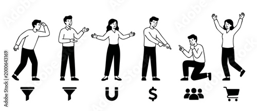 Business People Gestures with Marketing Icons, Sales Funnel and Conversion Concept, Character Set in Line Art Style, Isolated Vector Illustration for Web Presentation and Digital Marketing Strategy