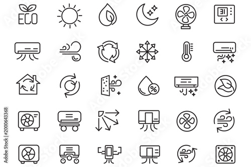 hvac air conditioning line icon set featuring cooling system, heating, temperature, ventilation, cooling, smart, thermostat, and repair maintenance vector symbols
