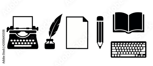 Writing Tools Icons Set: Typewriter, Quill Pen, Blank Paper, Pencil, Book and Keyboard Symbols for Literature, Journalism, Education and Blogging Concepts in Flat Minimalist Black and White Vector Sty