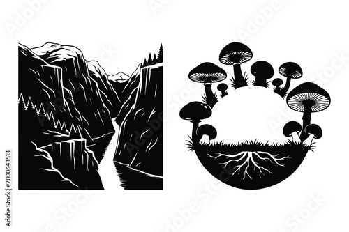 Vector illustration of a canyon with waterfall and a cluster of mushrooms