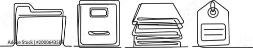 Office documents icons set featuring folder file cabinet stack of papers and luggage tag linear style