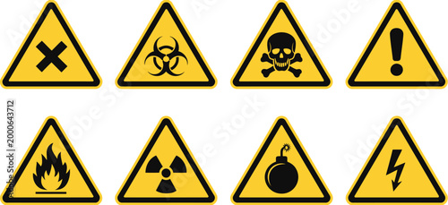 Hazardous, material safety warning signs featuring black symbols on yellow background designed for industrial safety, workplace compliance, construction sites, and hazard communication systems.