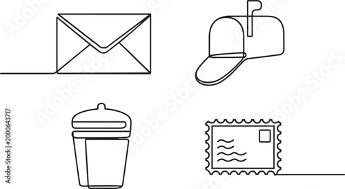 Postal service icons set featuring envelope mailbox and stamp in a simple continuous line drawing style