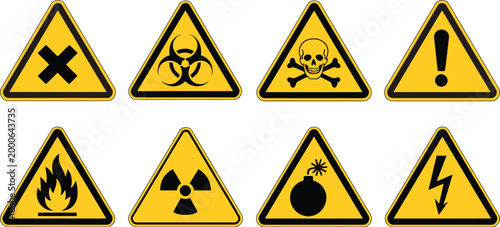Hazardous, warning symbol set with black icons on yellow background ideal for safety signage, risk awareness, factory environments, and regulatory labeling requirements.