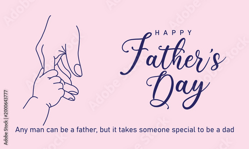 Happy father day banner with line art illustration of baby holding father finger for holiday greeting card design web social media post and print advertising materials on light pink background color.