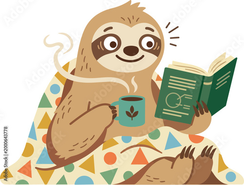 Cute sloth reading book and drinking coffee wrapped in colorful blanket vector art