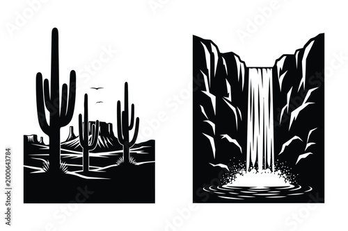 Desert landscape with saguaro cacti and mountains, and a waterfall cascading
