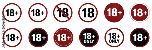 18 plus icon under 18 years old age limit circle sign symbol set, vector illustration of restriction badges, adult only warning labels, prohibition icons, safety compliance graphics for web, app, and 