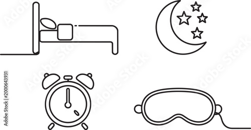 Sleep and bedtime routine icons set featuring moon alarm clock bed and eye mask in thin line black stroke