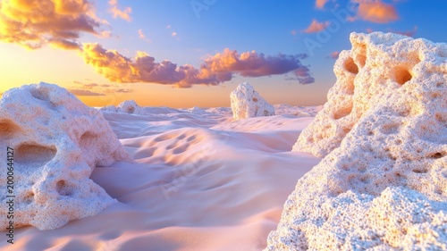 Alien 3D coral desert with bizarre sponge-like rock formations during warm sunset colors