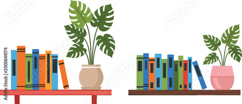 Bookshelf Vector Illustration with Colorful Books and Monstera Potted Plants on Wooden Shelves Isolated on White Background for Home Decor and Interior Design.