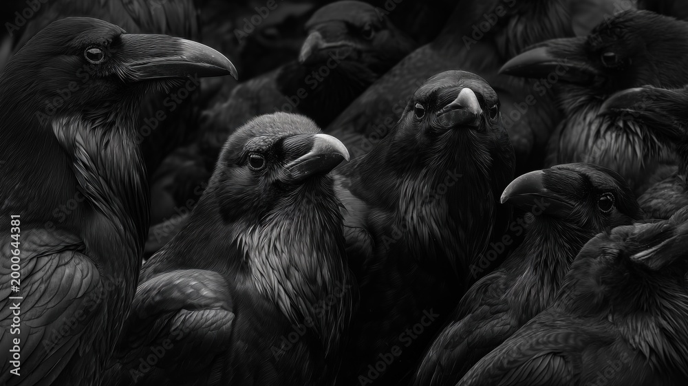 Obraz premium 黒いカラスが群れで密集している様子。自然や野生動物関連のコンテンツに適した鳥の写真素材