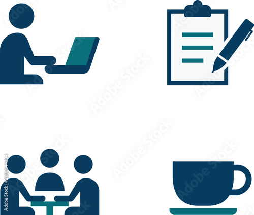 Time management icons set with work, planning, teamwork, and break elements for productivity in flat style