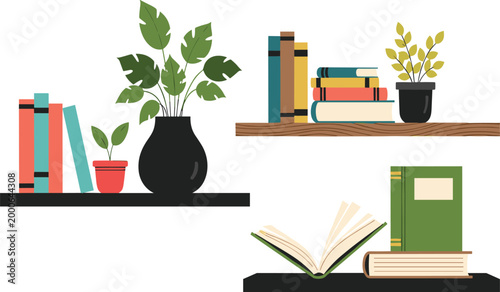 Bookshelf Vector Illustration with Books Open Book and Potted Plants on Wall Shelves Isolated on White Background for Education Reading and Interior Design.