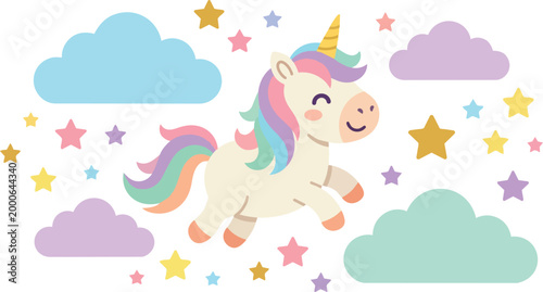 Colorful unicorn jumping among pastel stars and clouds vector art