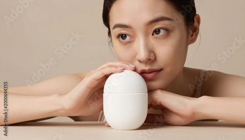 Model Holding Skincare Mockup on Neutral Background