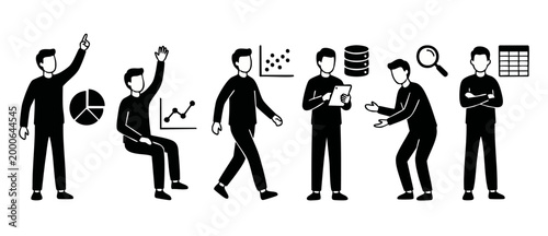 Data Analyst Characters Set with Business Graphs and Infographics. Professional flat line vector collection of office workers interacting with charts, spreadsheets, and database management icons.