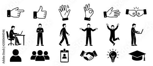People gestures and business icons set - hand signs, professional actions, office lifestyle and teamwork symbols in minimal flat black style for website UI design, corporate presentation, and infograp