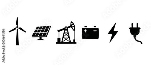 Energy source icons set: wind solar oil battery electricity power icons. Industrial and renewable energy symbols for sustainability, power grid, oil drilling, and electric vehicle charging concepts bl