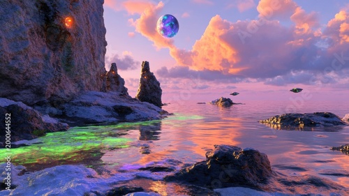 Alien coastline with orange fog over obsidian cliffs and glowing green algae by the water's edge