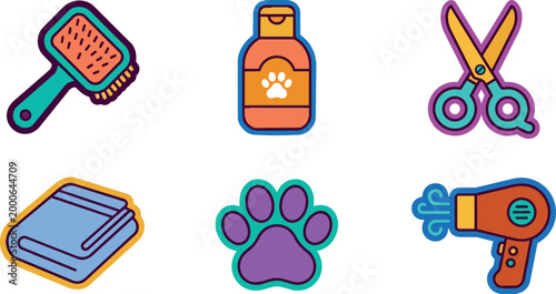 Colorful pet grooming tools including brush shampoo scissors towel paw and dryer in vector art