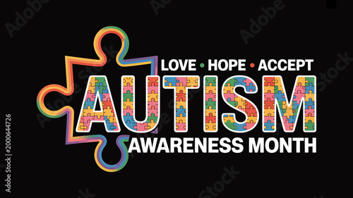 Autism awareness month colorful puzzle piece logo with love hope accept text