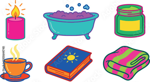 Colorful spa essentials candle bath towel book and cup vector art